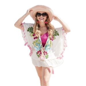 Miss June Paris Sequin Embroidered Floral Tunic Tassel Beach Cover Up S/M